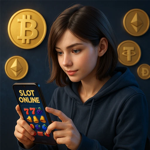 Gambar 3D HD perempuan digital duduk dengan tampilan futuristik, memegang smartphone sambil mengakses slot online crypto currency di platform DELUNA4D.